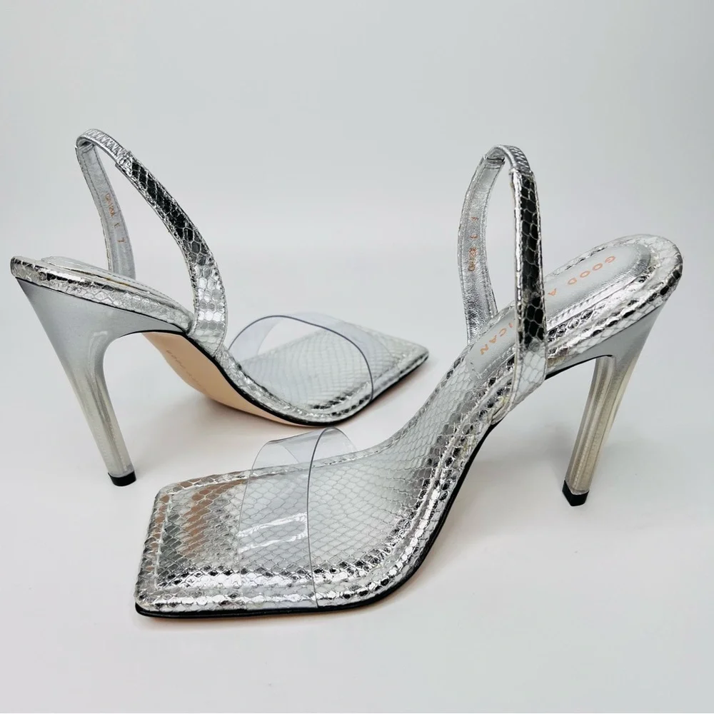 Good American Silver Snake Skin & Lucite Square Toe Slingback Stiletto Heels
